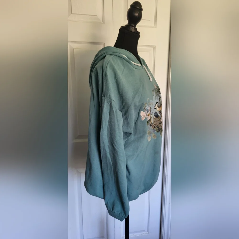 Vintage Hoodie Women's - Teal Blue-Green with Chickadee Bird Scene - Cozy - Picture 3 of 7